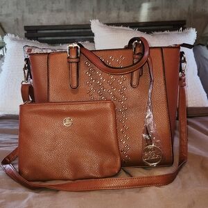 Bella Rose 2 Piece Handbag Set Brown Leather